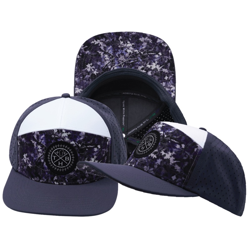 Color Vibes Hat – Flat Bill – Blue Fall Camo – Charcoal / White – Laser Mesh