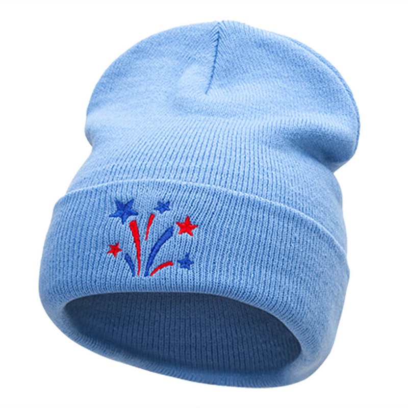 Fireworks Stars Embroidered 12 Inch Long Knitted Beanie Sky Blue One Size