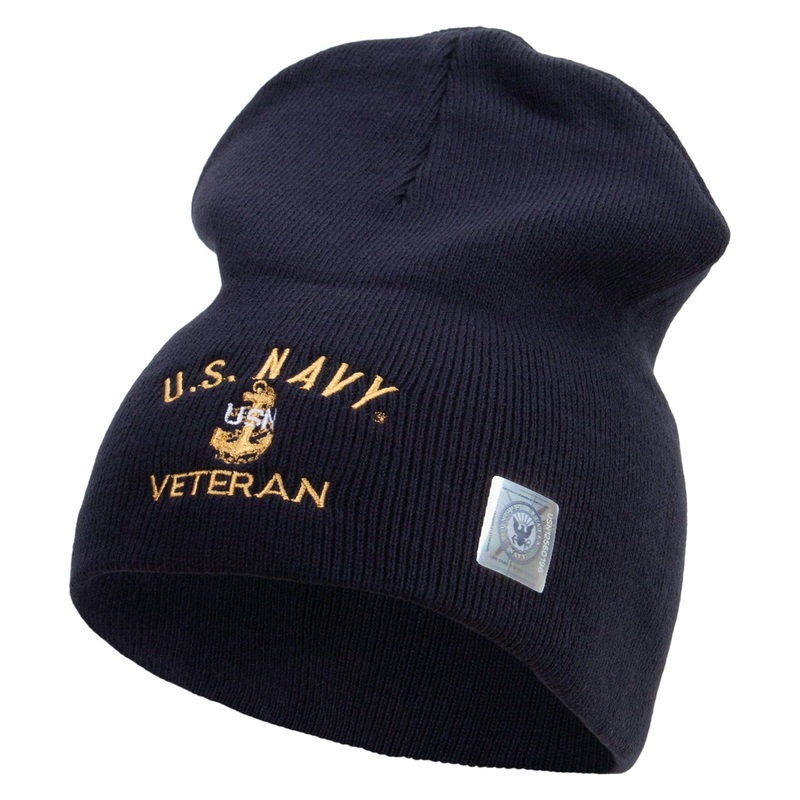 Made in USA Navy USN Veteran Symbol Embroidered 8 Inch Solid Knit Short Beanie Olive One Size