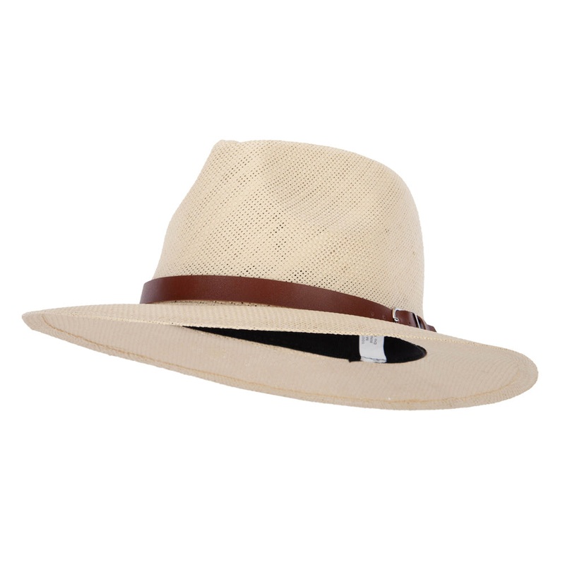 Men’s Paper Braid Leatherette Buckle Trim Large Brim Fedora Hat Beige M
