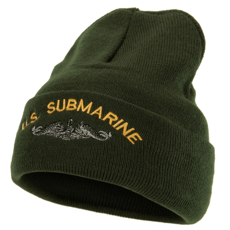 US Submarine Logo Military Embroidered Long Beanie Olive One Size