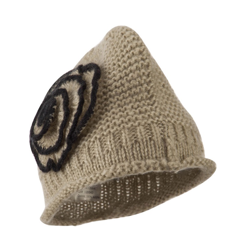 Women’s Acrylic Knit Beanie with Spiral Flower Beige One Size