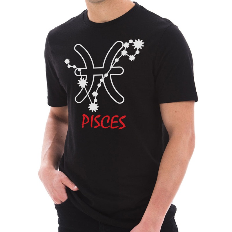 Zodiac Pisces Sign Graphic Design Short Sleeve Cotton Jersey T-Shirt Black XS