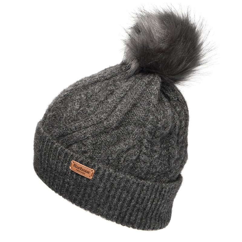 Barbour Hats Elsdon Cable Knit Faux Fur Pom Bobble Hat – Grey 1-Size