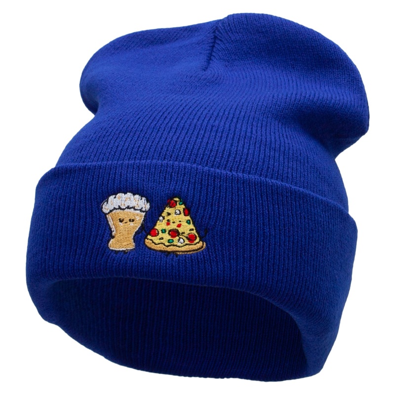 Beer And Pizza Embroidered 12 Inch Long Knitted Beanie Royal One Size