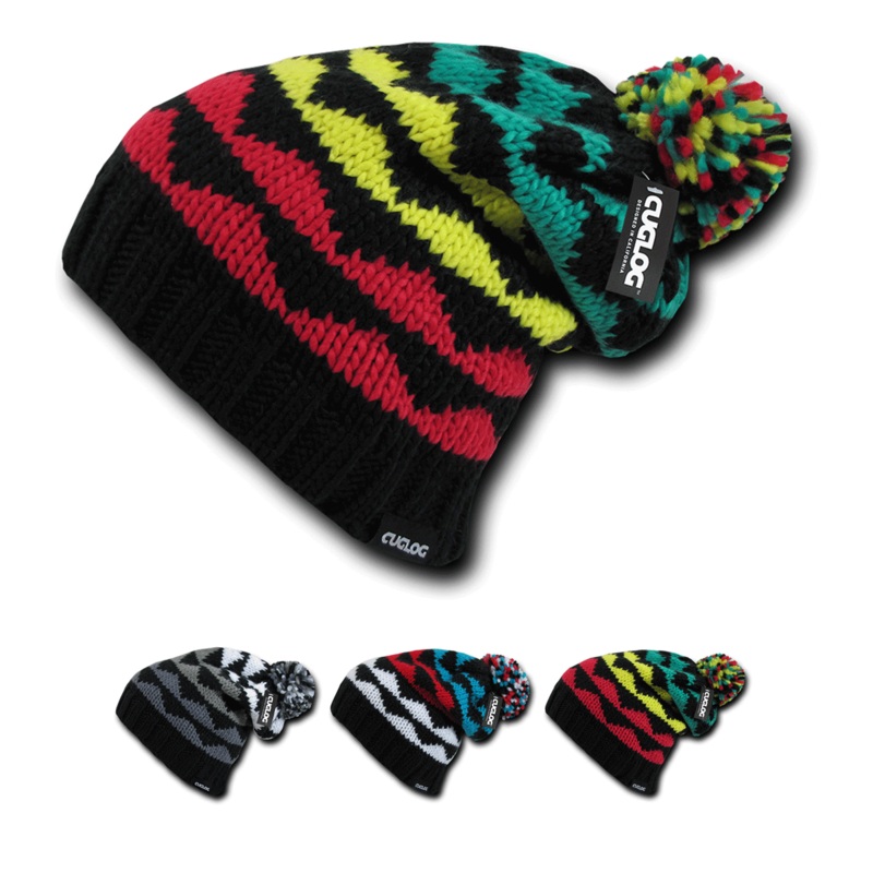 K2 Beanie, Knit Cap, Cuff Slouch Beanie with Pom Pom – Cuglog K023 Black/Grey