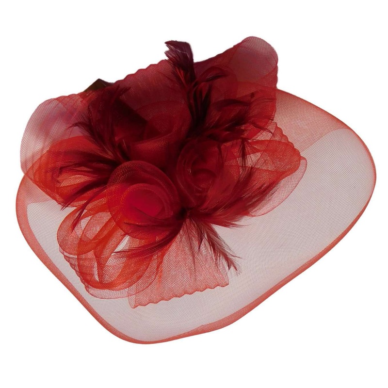 Large Mesh Veil Fascinator with Feathers Red