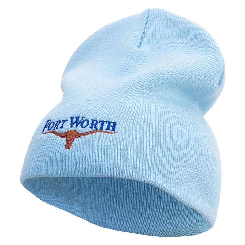 Made in USA Fort Worth with Bull Logo Embroidered 8 Inch Solid Knit Short Beanie Carolina Blue One Size