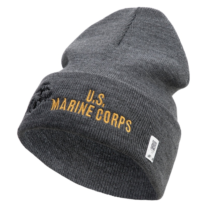 US Marine Corps Logo Embroidered 12 Inch Solid Knit Cuff Long Beanie Made in USA Charcoal One Size