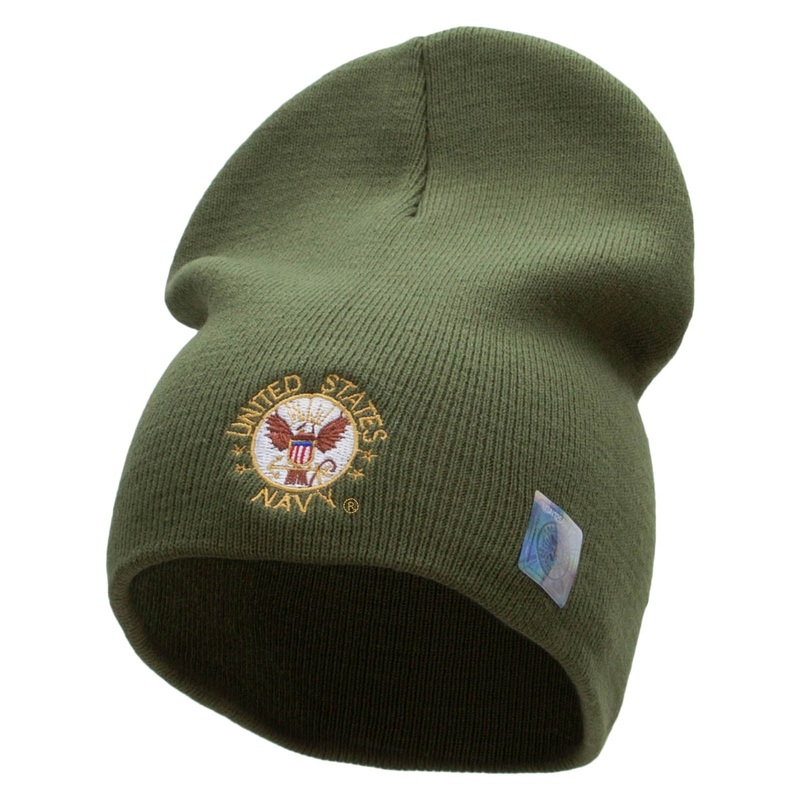 US Navy Circle Symbol Embroidered Short Beanie Made in USA Olive One Size