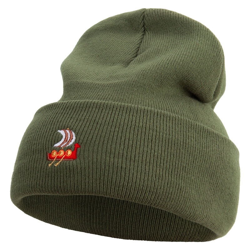 Made in USA Viking Longship Illustration 12 Inch Solid Knit Cuff Long Beanie Olive One Size