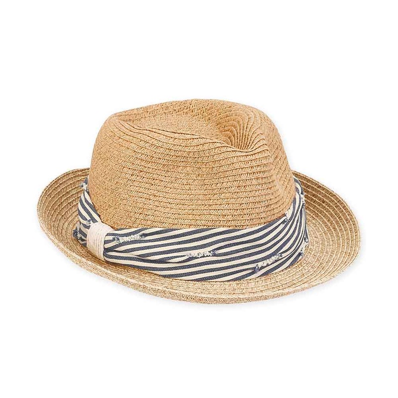 Petite Size Straw Fedora Hat with Striped Nautical Band – Sunny Dayz Natural Small (54 cm)