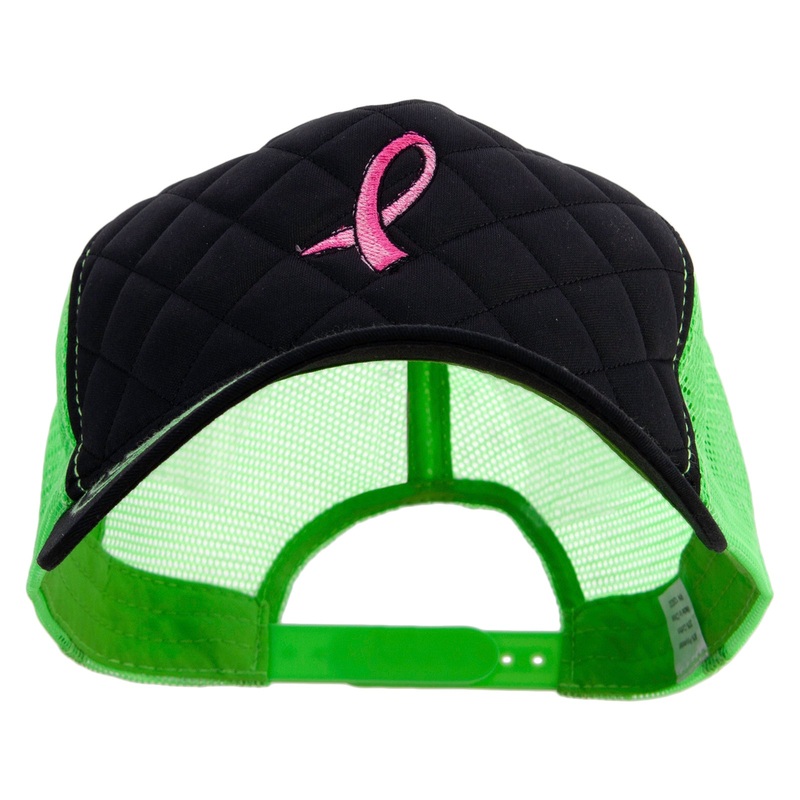 Pink Ribbon Breast Cancer Symbol Embroidered Quilted Trucker Two Tone Neon Mesh Big Size Cap Black Neon Green XL-3XL