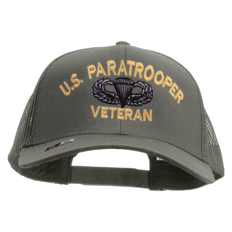 U.S. Paratrooper Veteran Embroidered Solid Cotton Twill Mesh Prostyle Cap Grey One Size