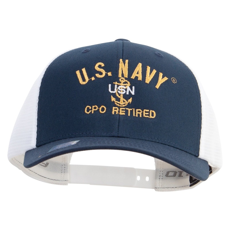 US Navy USN CPO Retired Embroidered Flexfit 2 Tone Mesh Cap Navy White One Size