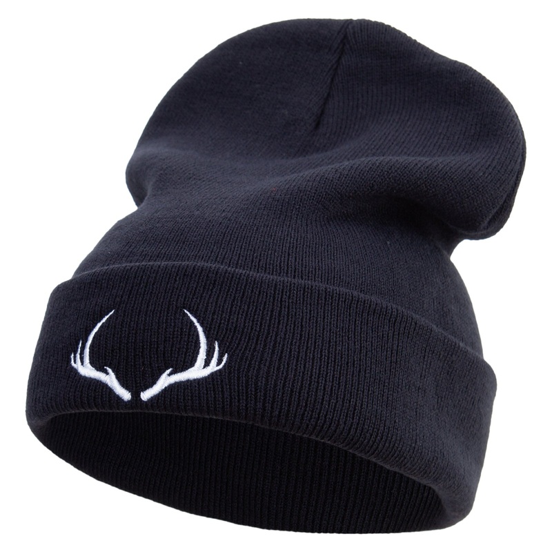 Vintage Deer Antler Embroidered 12 Inch Long Knitted Beanie Black One Size