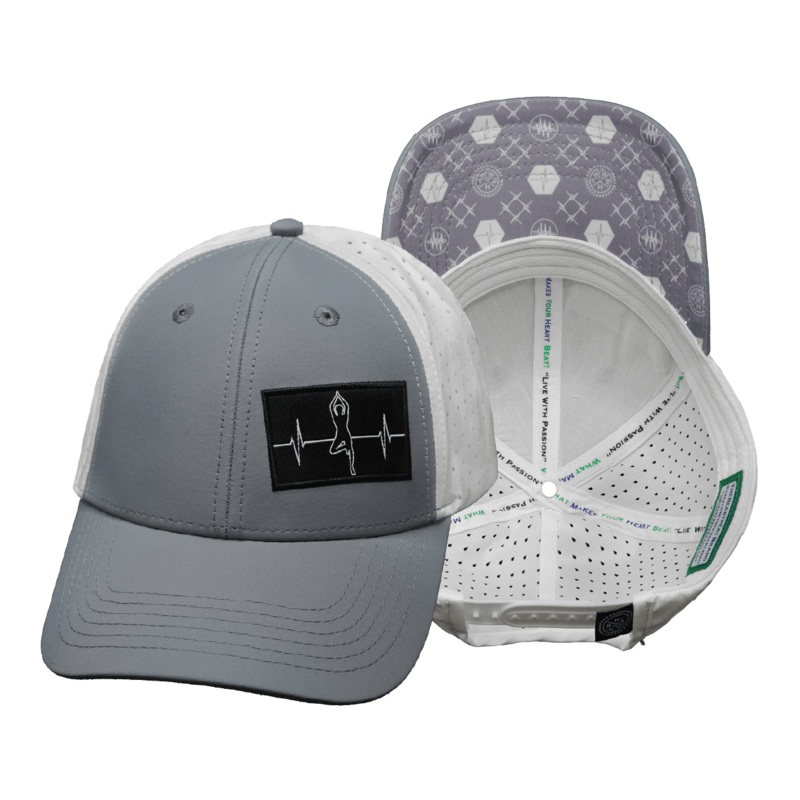 Yoga Hat – Low Profile – Ponytail – Gray / White – Laser Mesh