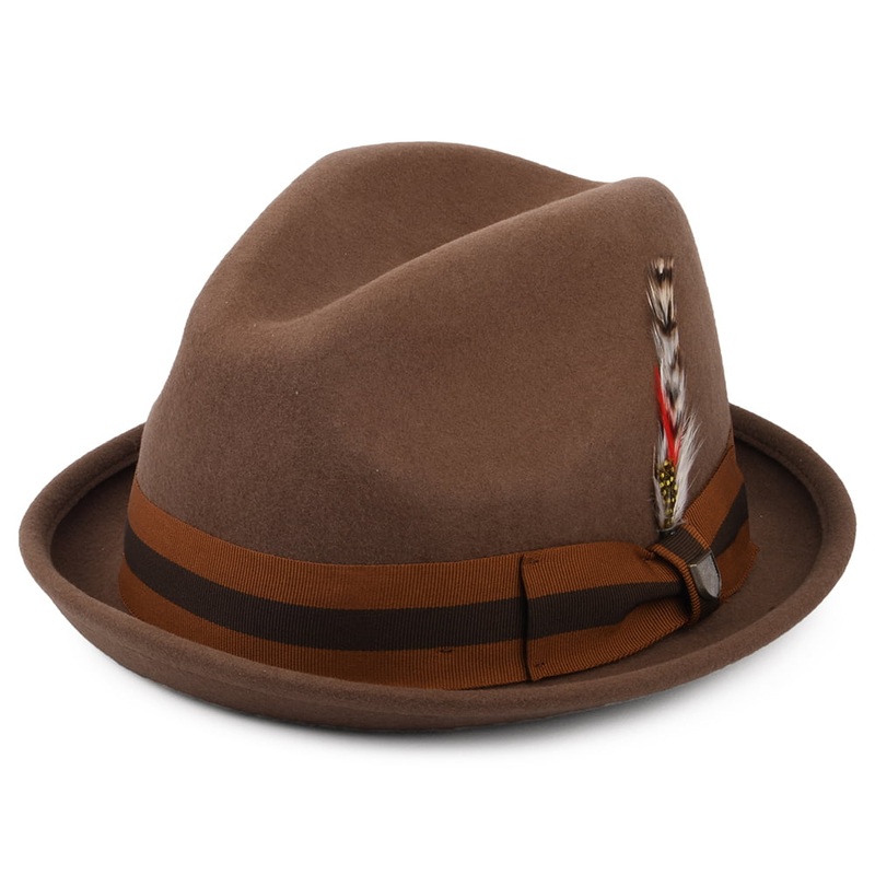 Brixton Hats Gain Wool Felt Trilby Hat With Striped Band – Camel Small-56cm