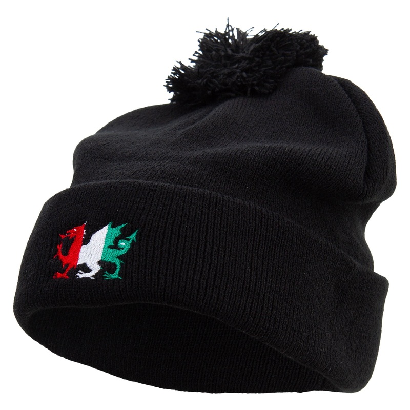 Flag of Wales Embroidered Pom Acrylic Cuff Long Beanie Black One Size