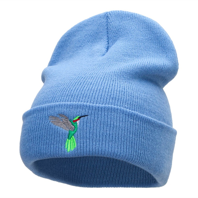 Humming Bird Embroidered 12 Inch Long Knitted Beanie Sky Blue One Size