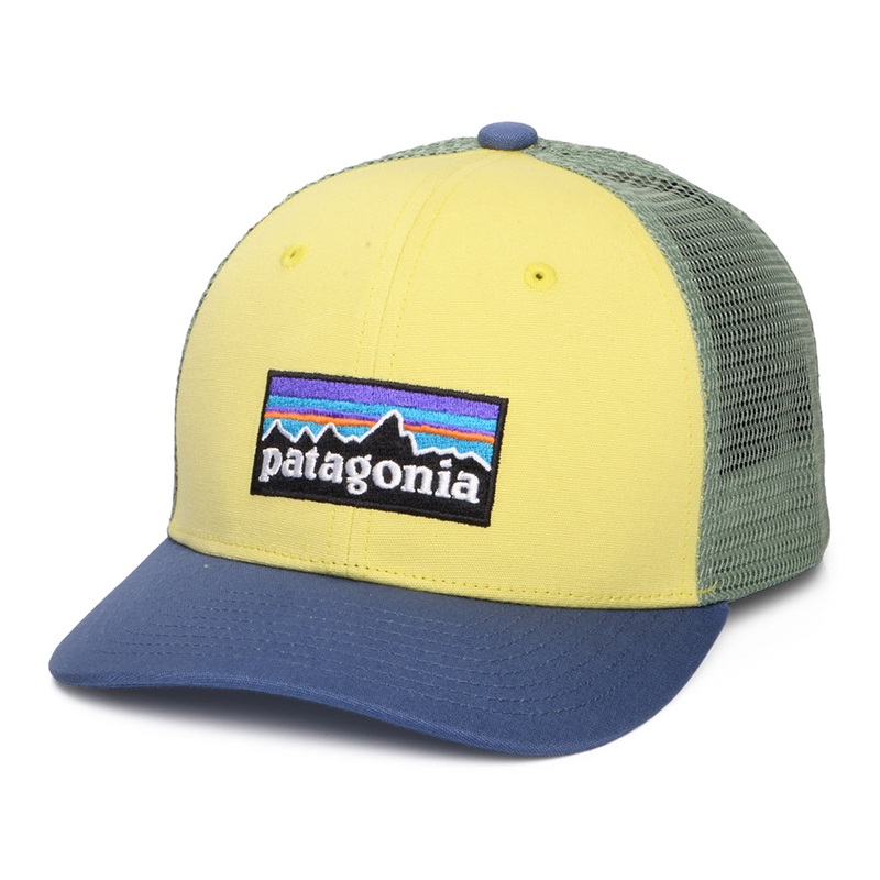 Patagonia Hats Kids P-6 Logo Organic Cotton Trucker Cap – Yellow-Blue-Sea Green CHILD ADJ.
