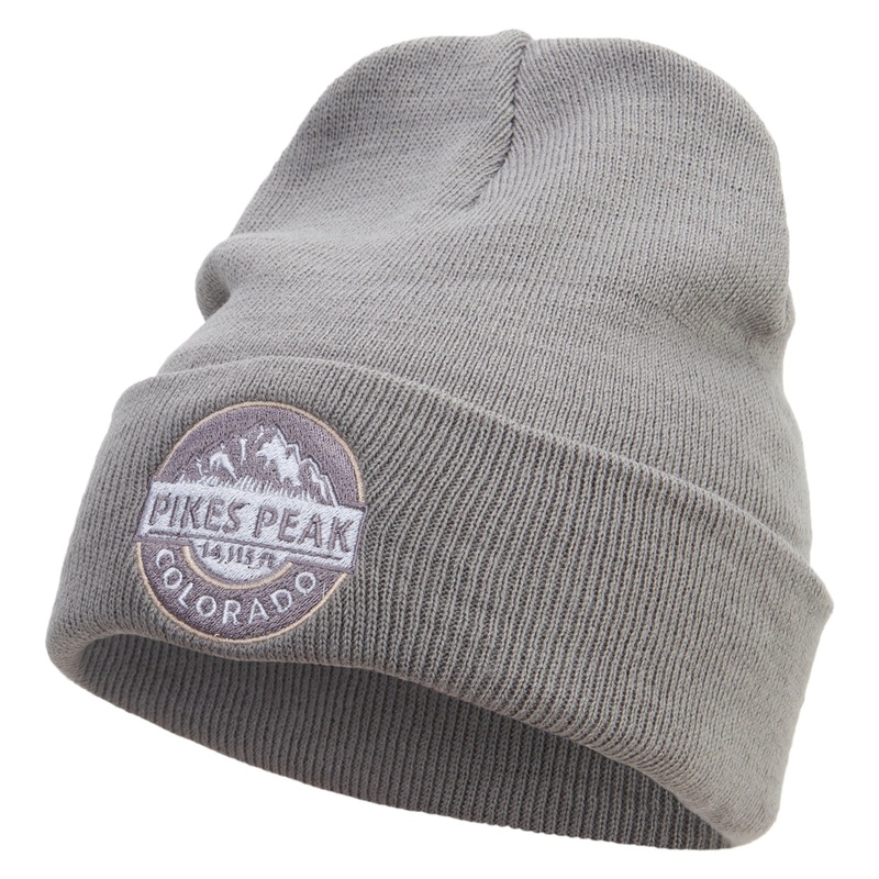 Pikes Peak Colorado Embroidered 12 inch Acrylic Cuffed Long Beanie Grey One Size