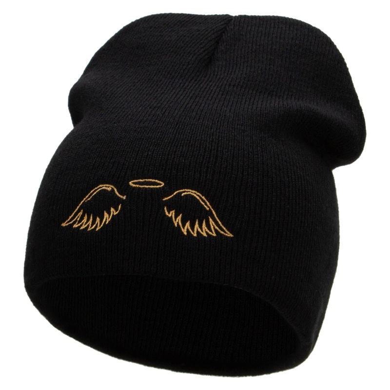Angel Wings Embroidered 8 inch Acrylic Short Blank Beanie Black One Size