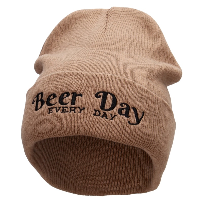 Beer Day Embroidered 12 inch Acrylic Cuffed Long Beanie Khaki One Size