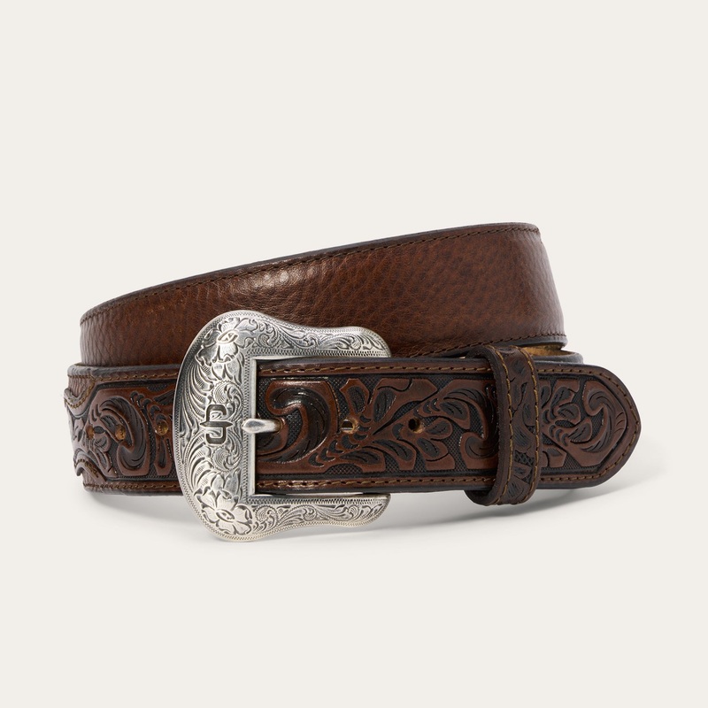 Bison Leather Tooled Tab Belt Hazelnut Bison 32