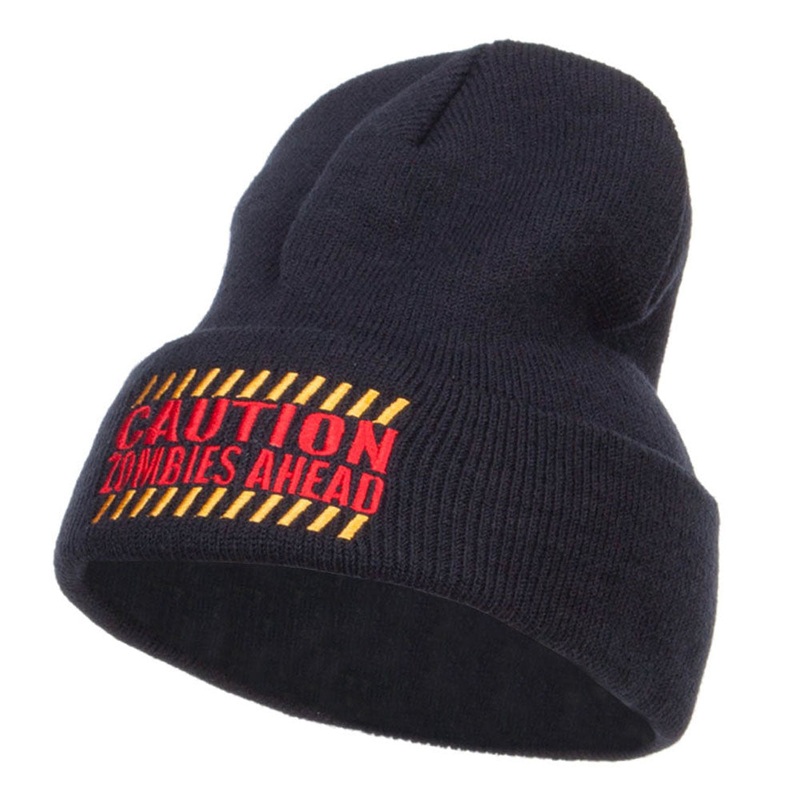 Caution Zombies Ahead Embroidered Long Beanie Navy One Size