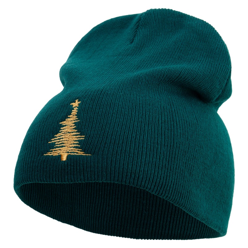 Gold Linear Christmas Trees Embroidered 8 inch Acrylic Short beanie Dk Green One Size