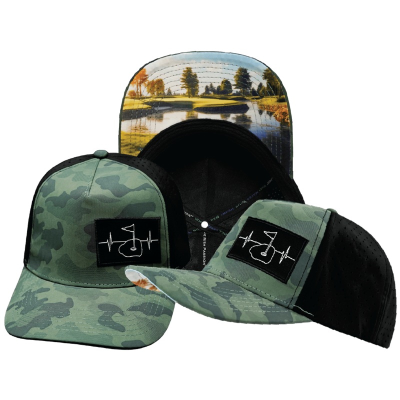 Golf  Hat – Trucker Hat – Soft Teal Camo / Black – Laser Mesh