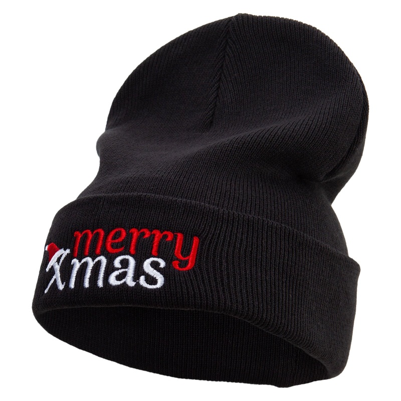 Merry Chirstmas Sets Typography Embroidered Big Size Superior Cotton Long Knitting Beanie Black XL-3XL