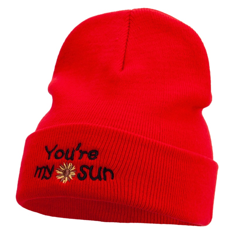My Sun Embroidered 12 Inch Long Knitted Beanie Red One Size