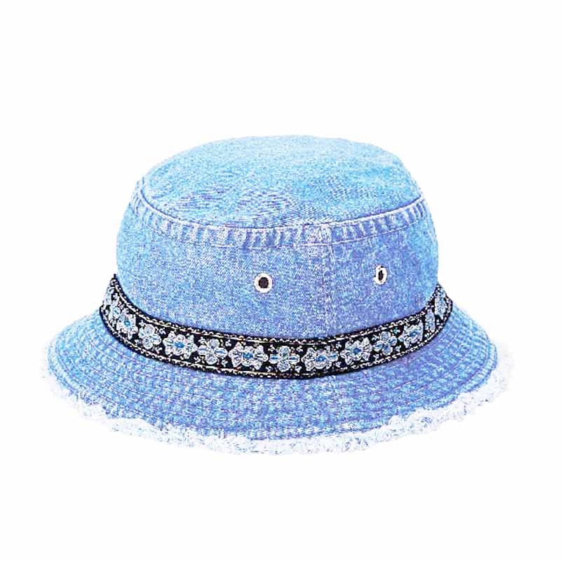 Petite Denim Bucket Hat with Metallic Band for Small Heads Light Denim Small (54 cm)