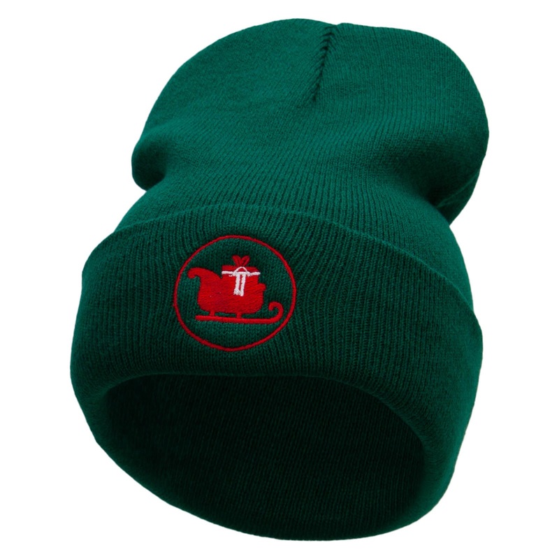 Santa Carriage Embroidered 12 Inch Long Knitted Beanie Dk Green One Size