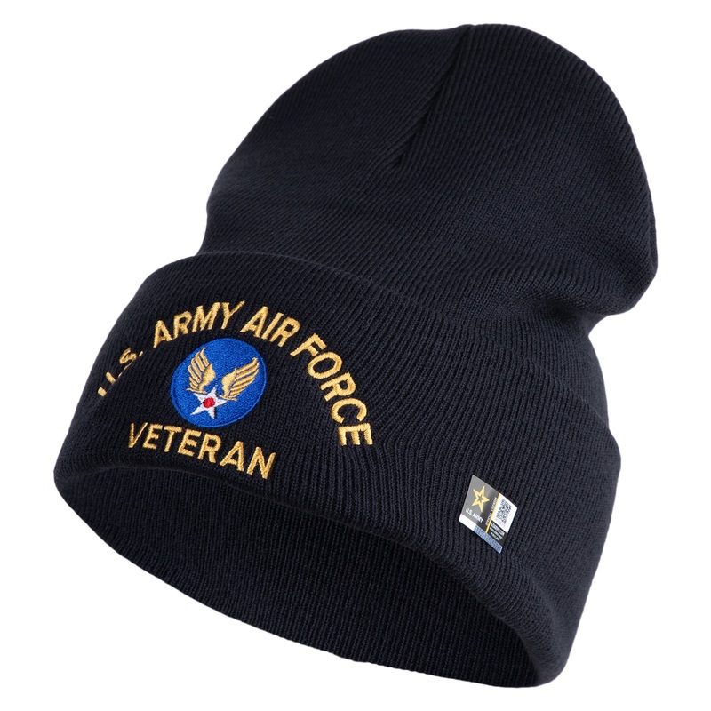 U.S. Army Air Force Logo Embroidered 12 Inch Solid Knit Cuff Long Beanie Made in USA Navy One Size