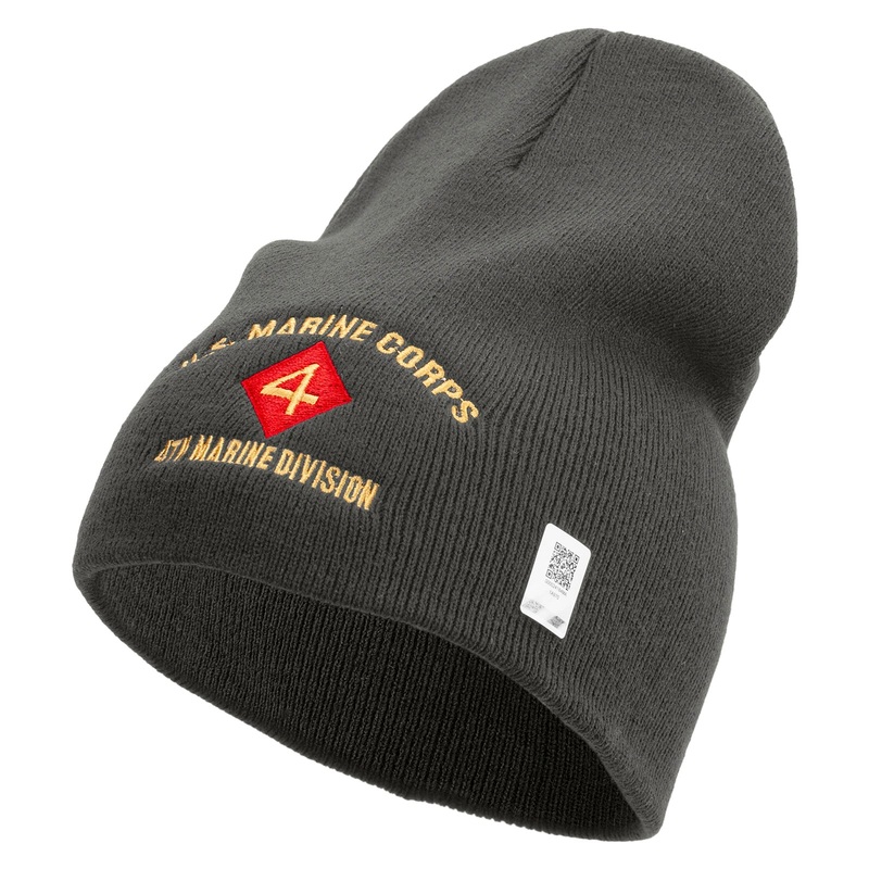 U.S. Marine Corps 4th Marine Division Symbol Embroidered 8 Inch Solid Knit Short Beanie Made in USA Charcoal One Size