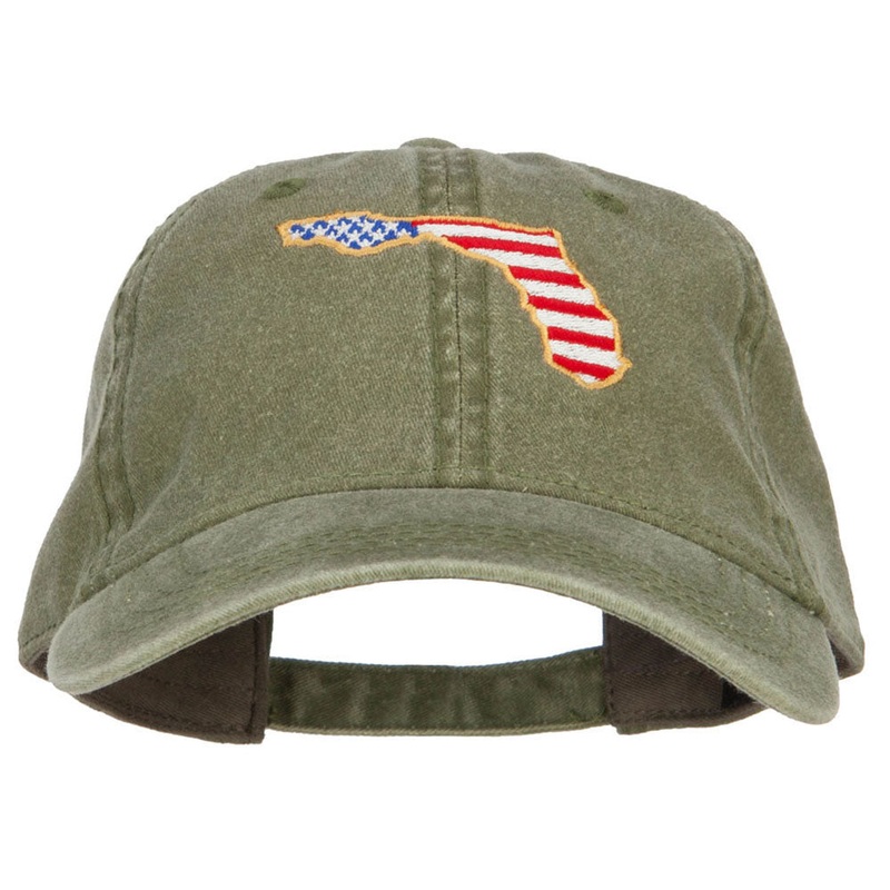 USA Flag Florida Map Embroidered Washed Buckle Cap Olive One Size