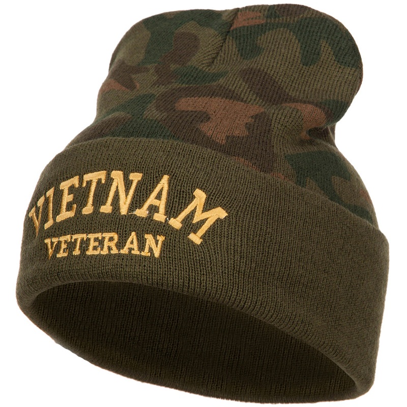Vietnam Veteran Letters Embroidered Camo Long Beanie Green One Size
