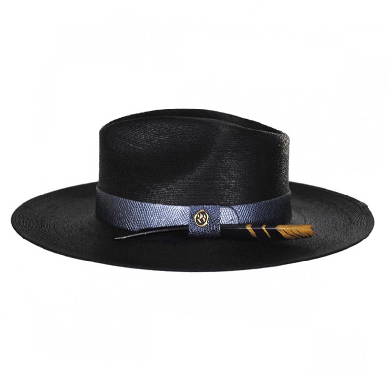 Andora Black Palm Straw Fedora Hat with Gold Feather – Biltmore Hats Black Extra-Small (55 cm)