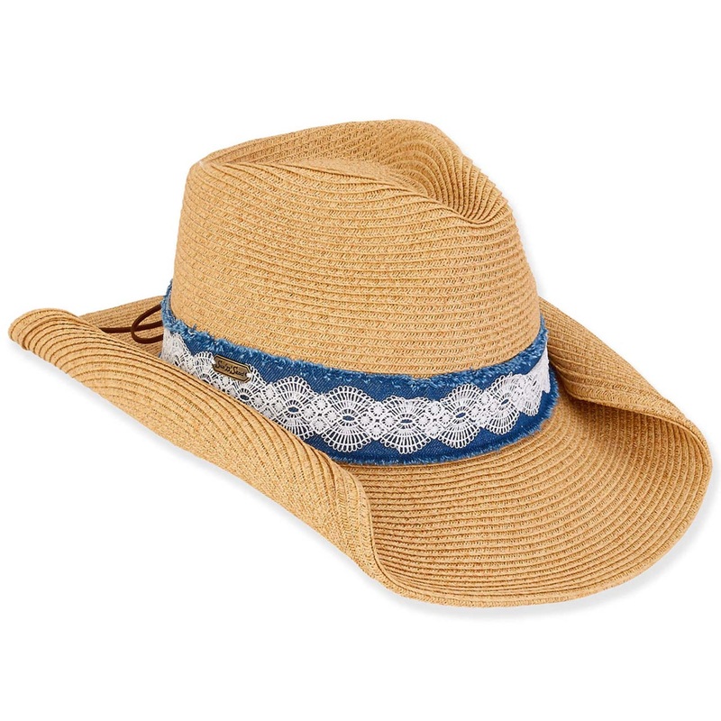 Andrea Cowboy Hat with Denim and Lace Band – Sun ‘N’ Sand Hats Tan OS (57 cm)