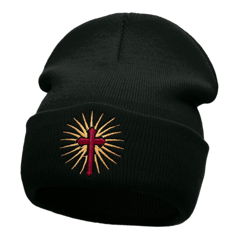 Glowing Cross Symbol Embroidered Long Knitted Beanie Black One Size