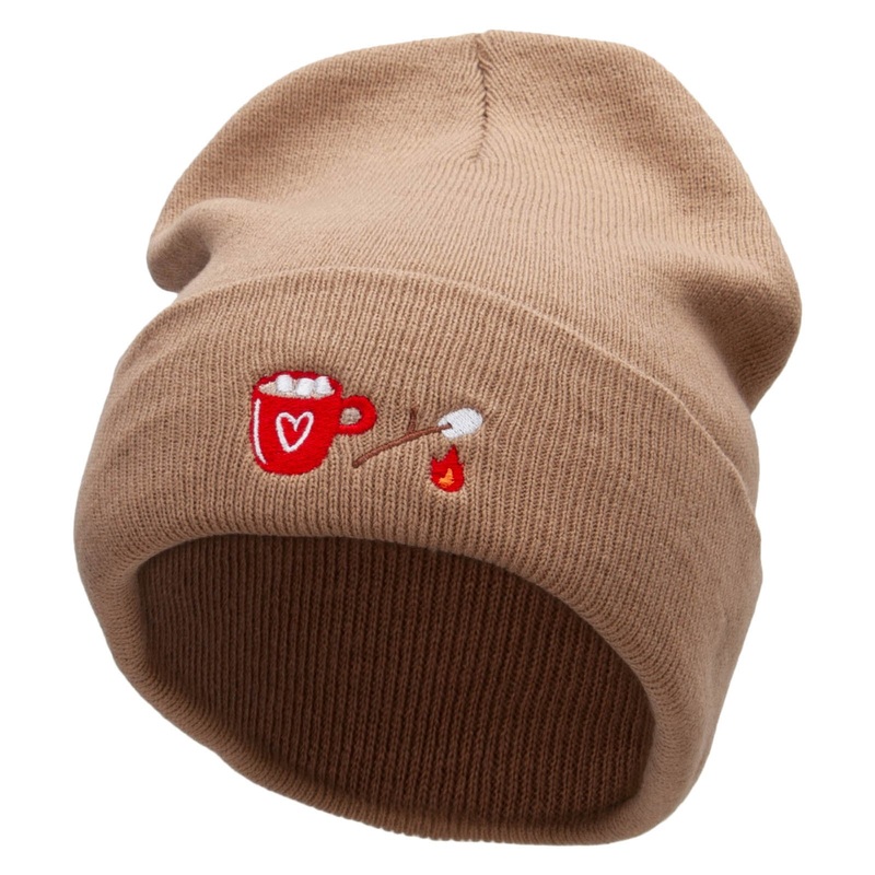 Hot Coca Marshmellow Embroidered 12 inch Acrylic Cuffed Long Beanie Khaki One Size