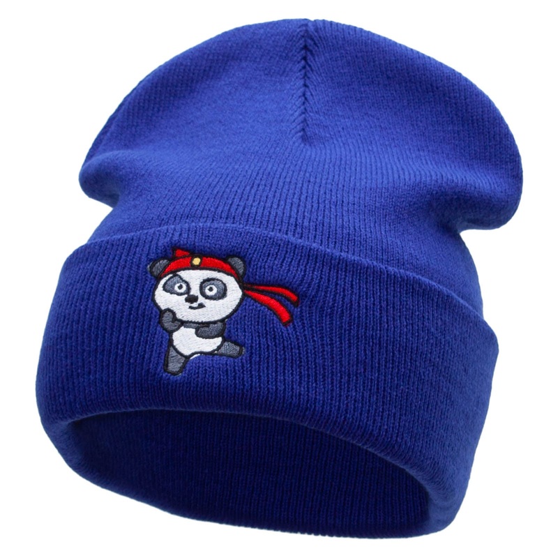 Karate Panda Embroidered 12 Inch Long Knitted Beanie Royal One Size