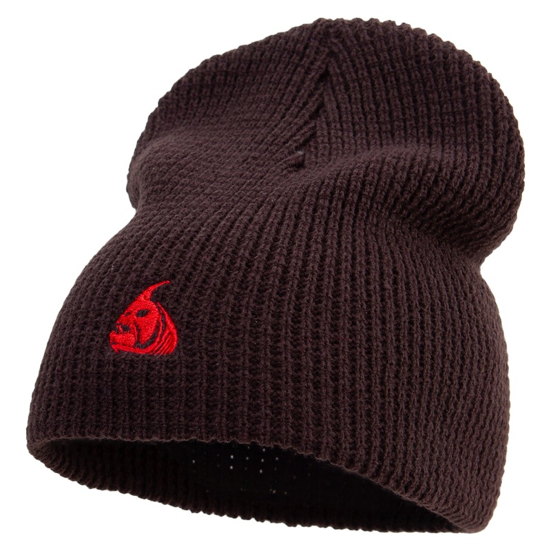 Red Angry Fish Logo Embroidered Big Stretch Waffle Stitch Short Beanie Brown XL-3XL