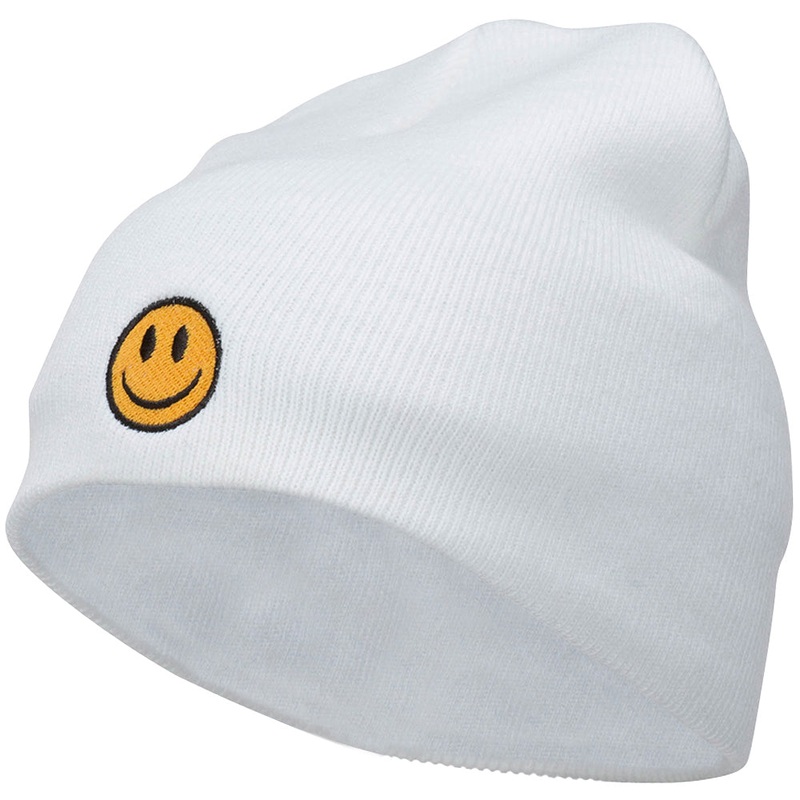 Smile Face Embroidered Short Beanie White One Size