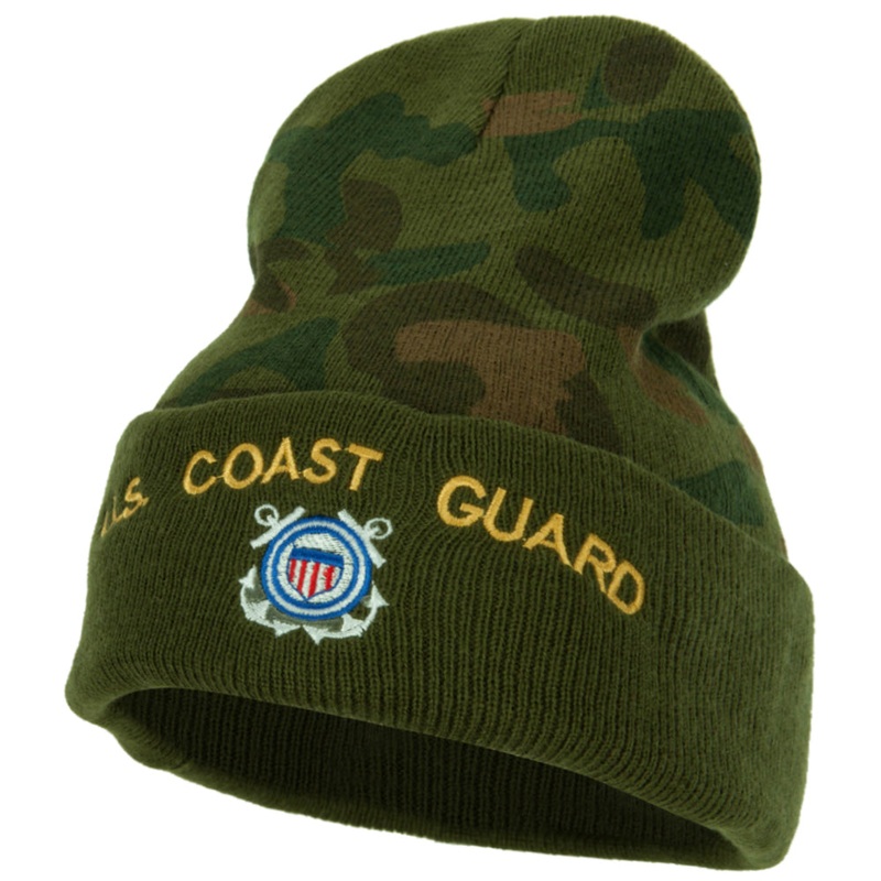 US Coast Guard Logo Embroidered Camo Long Beanie Green One Size