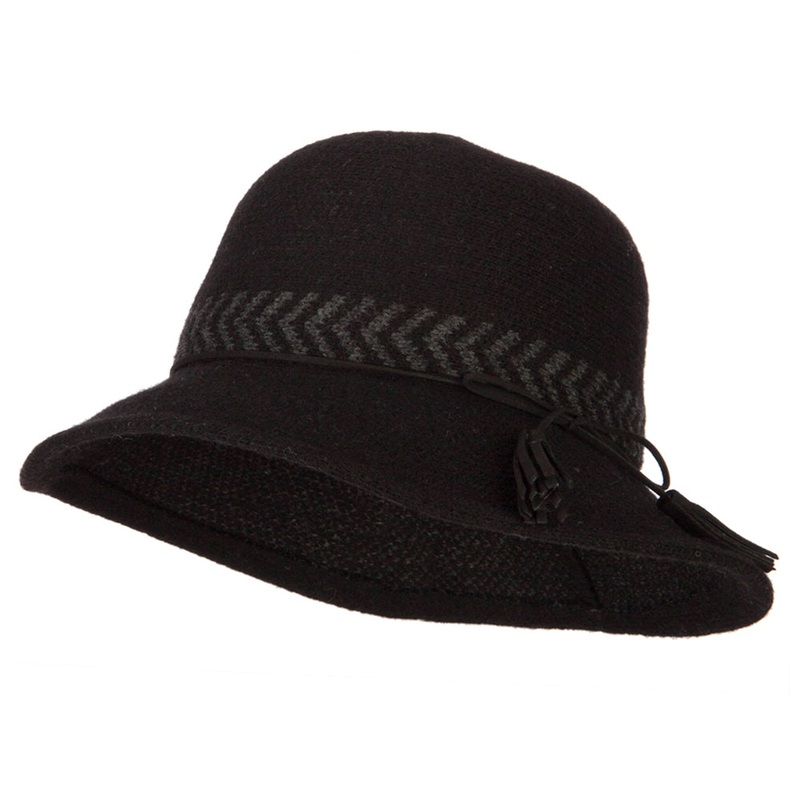 Women’s Wool Designed Crown Suede Tie with Tassels Yarn Bucket Hat Black One Size