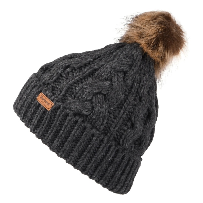 Barbour Hats Penshaw Cable Knit Faux Fur Pom Bobble Hat – Charcoal 1-Size